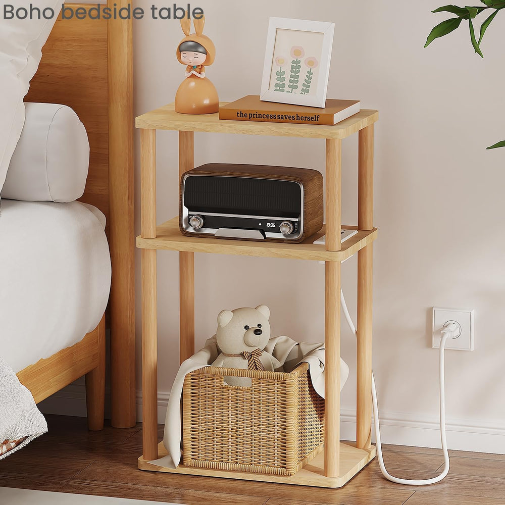 LUCKNOCK Solid Wood Side Table with Charging Station, 3-Tier Small End Table ...