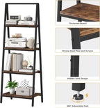 Homeiju Ladder Shelf, 4-Tier Leaning Ladder Bookshelf, Rustic and Wood Ladder Shelf Bookcase, Industrial Ladder Shelf Storage Rack for Home Office, Bedroom, Bathroom or Kitchen