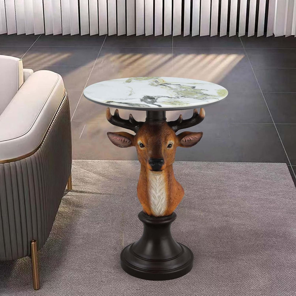 Deer Head Accent Table with Faux Marble Top, 25.59" Resin Animal Statue ...