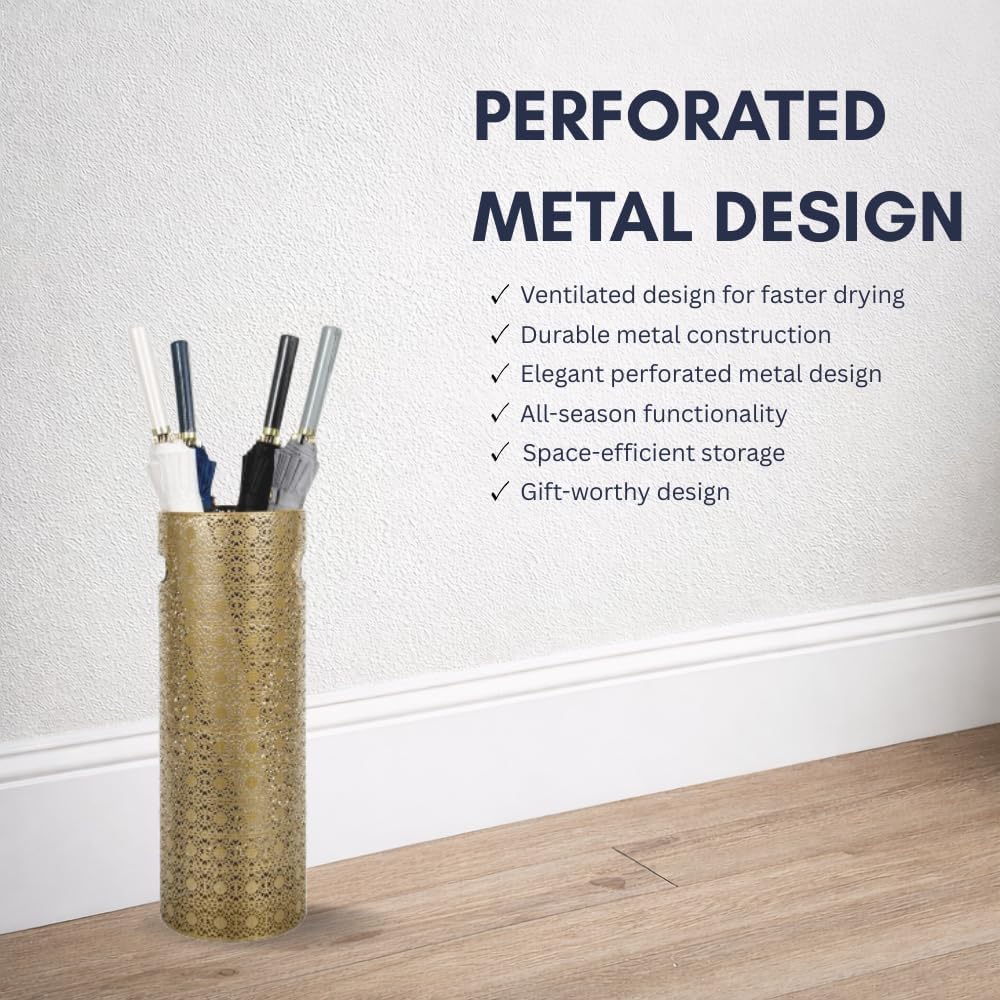Concepts 21 inch Heavy Duty Metal Umbrella Stand - Durable Storage Holder for Umbrellas - Indoor and Outdoor Use - Stylish and Modern Organizer for Entryways. (Gold Lace)