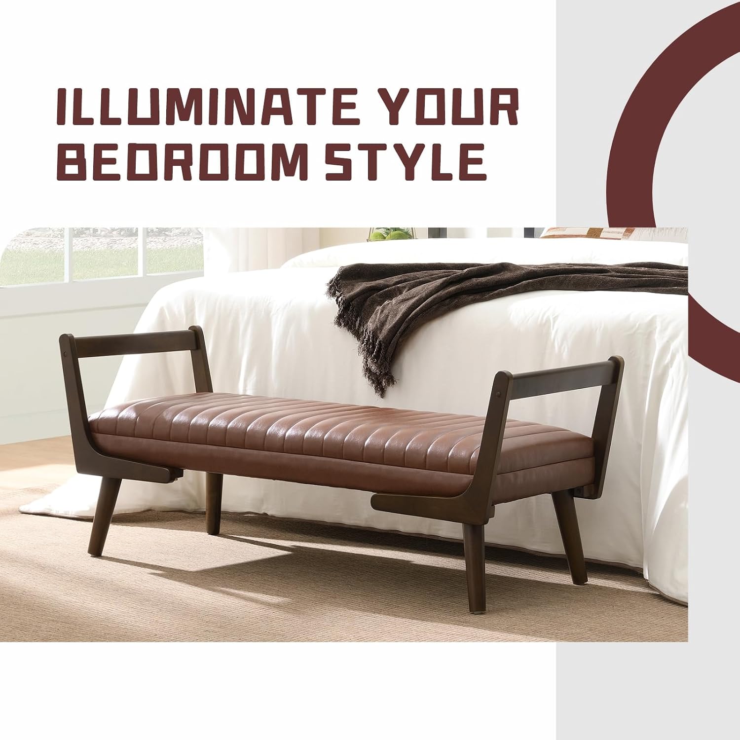 52" Upholstered Bench, Brown Faux Leather, Walnut Legs | Mid-century modern ottoman with high-resilience foam, sturdy wood frame. Ideal for bedroom end of bed, entryway, living room