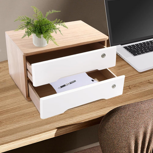 2-Tier Desktop Storage Box with Lockable Drawer, Wooden Desk Organizer for Office Supplies, Flat File Cabinet, Minimalist Design for Home & Office Use(Original Wood+White)