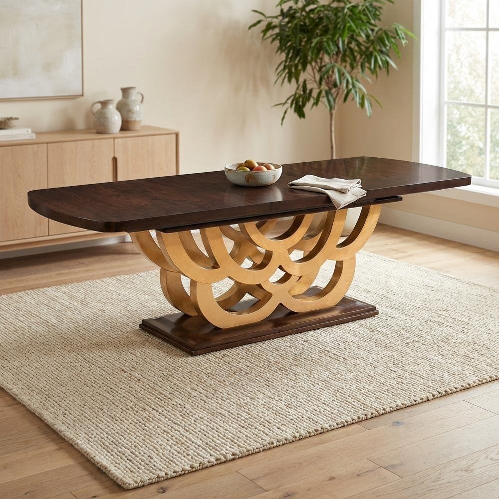 Michael Amini Brown Rectangular Pedestal Dining Table Solid and Manufactured ...