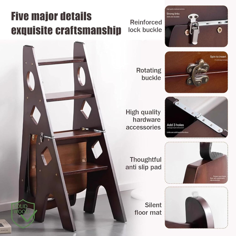 4 Step Wooden Folding Library Ladder Chair with Seat, Multifunctional Step St...