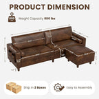 Vesgantti 100" PU Faux Leather Couch with Movable Ottoman, Large 2 Seater L Shaped Leather Sectional Sofa with Side Pocket, Comfy Mid Century Modern Modular Sofa for Living Room, Apartment, Cocoa