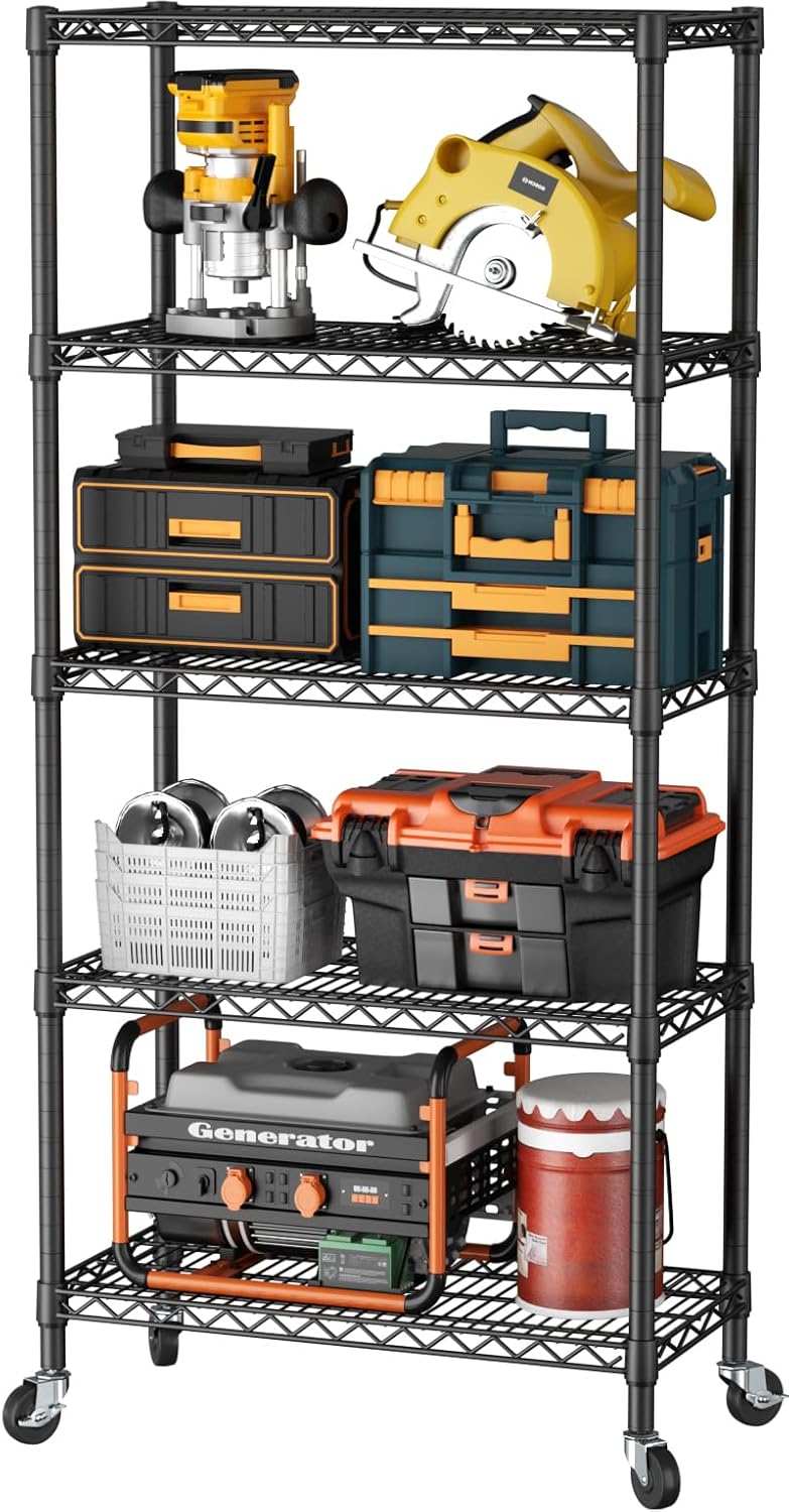 SINGAYE 5 Shelf Adjustable Heavy Duty Storage Shelving Unit with Wheels Steel Organizer Wire Rack Shelves Bathroom Organizers and Shelf Wire Closet Metal Pantry Kitchen Garage 14" DX30 WX70 H Black