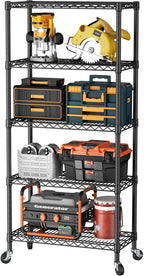 SINGAYE 5 Shelf Adjustable Heavy Duty Storage Shelving Unit with Wheels Steel Organizer Wire Rack Shelves Bathroom Organizers and Shelf Wire Closet Metal Pantry Kitchen Garage 14" DX30 WX70 H Black