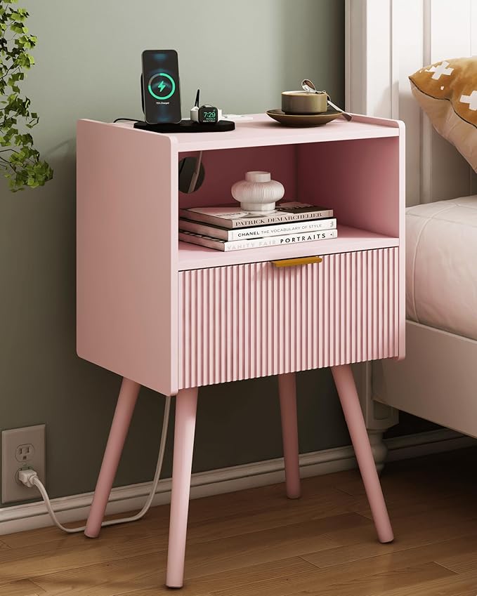Nightstand with Oultlet,Modern Bedside Table with Storage Drawer and Open Woo...