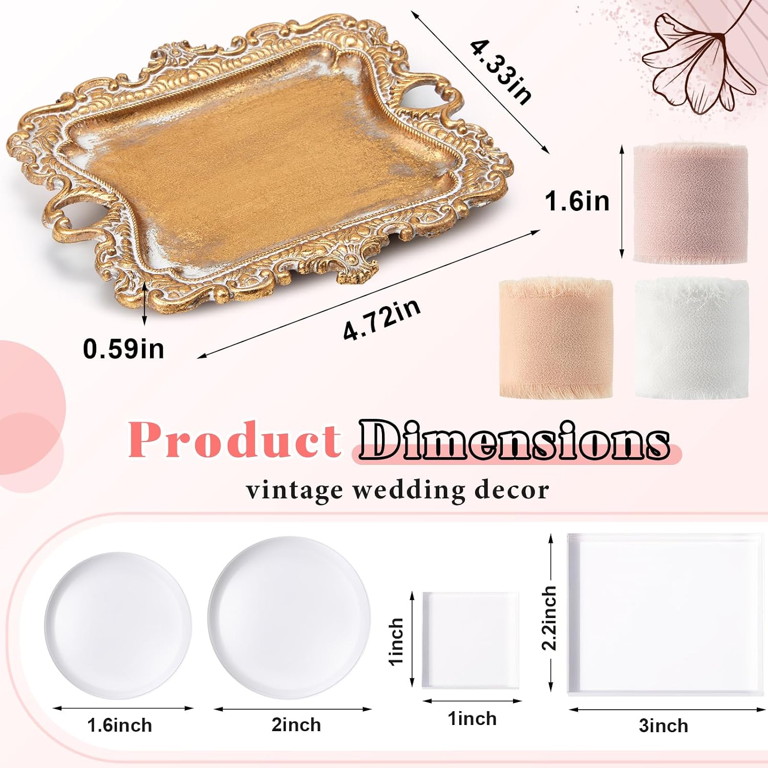 Cinnvoice 8 Pcs Flat Lay Photography Props Set for Jewelry & Wedding Details, Vintage Jewelry Tray, Acrylic Display Blocks, Chiffon Silk Ribbon for Bridal Party Decor Gift(2 Square 2 Round Bases)