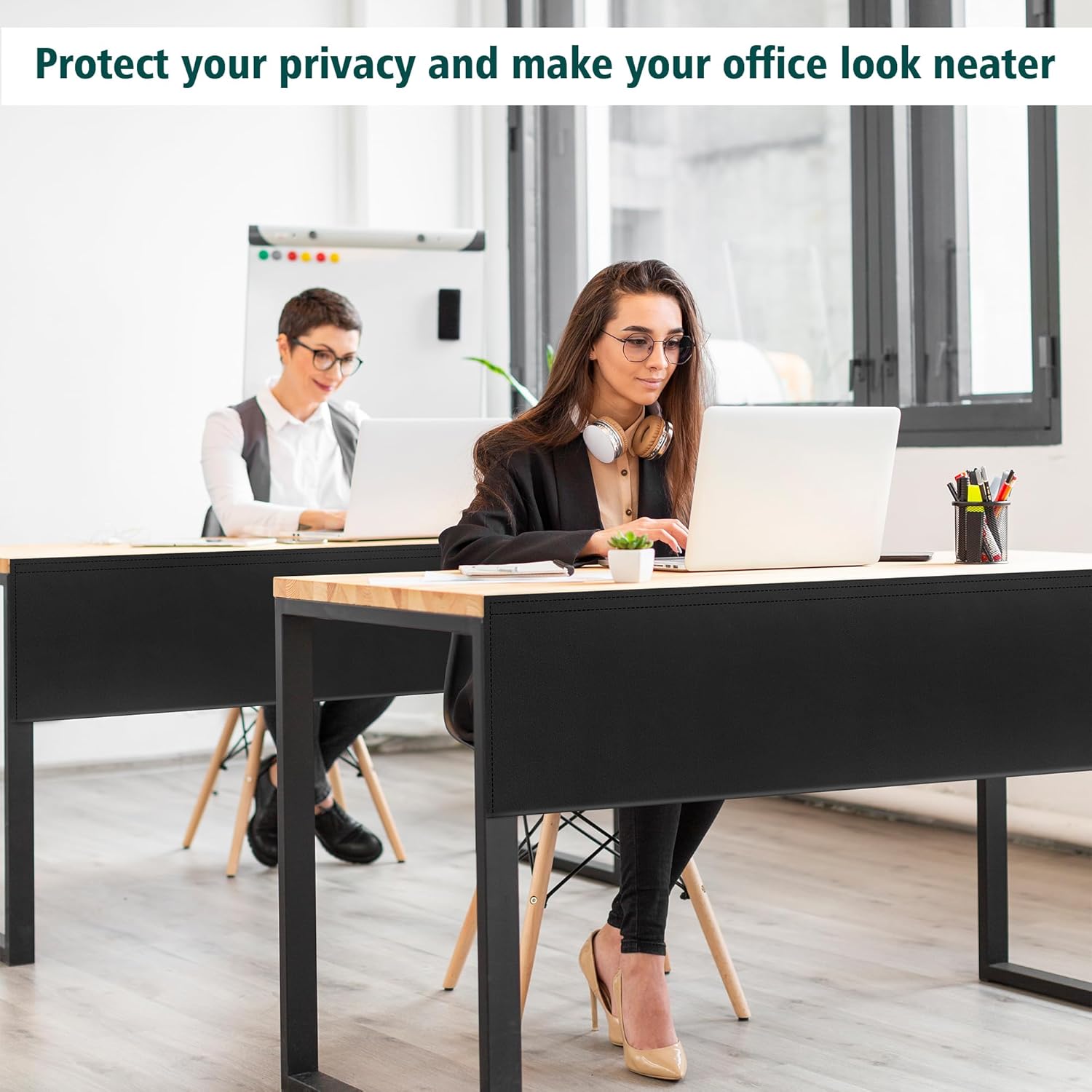 60" Under Desk Privacy Panel with Cable Management Organizer Sleeve Self-Adhesive Modesty Panel for Cord Organizer Pockets and Desk Skirt for Home Office or Standing Workstation