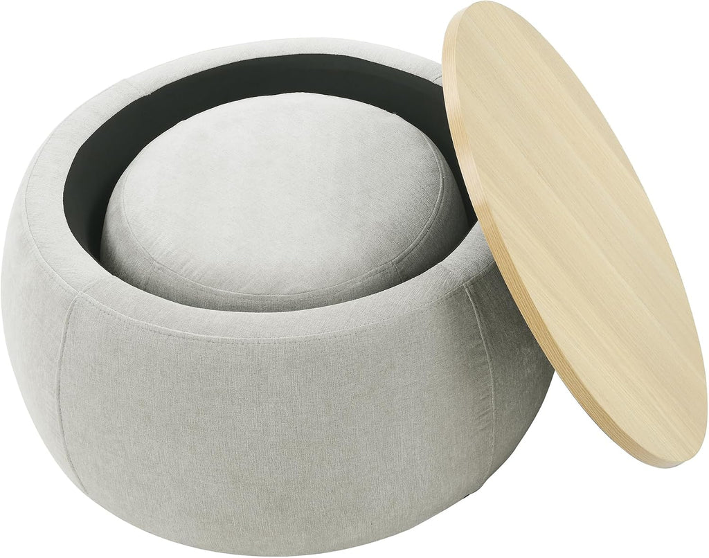 Ball & Cast Round Upholstered Storage-Ottoman Set with Wood Tray, Large Storage Coffee Table w/Footstool & Removable Lid, Dia 25" Padded Bench & End Side-Table for Living Bedroom, Light Grey