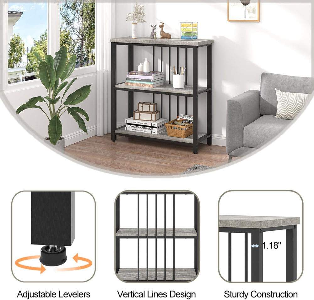FOLUBAN 3 Tier Bookshelf, Short Bookcase for Small Space, Modern Wooden and M...
