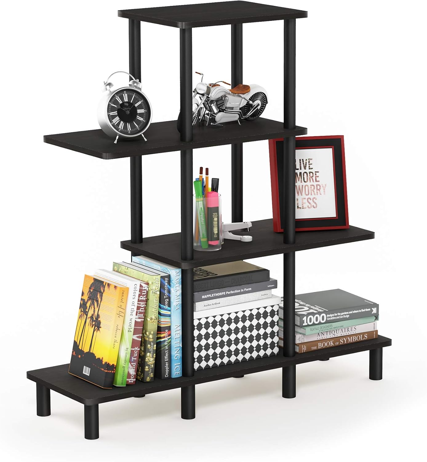 4-Tier Ladder Accent Display Shelf, Toolless Open Shelves Book Shelf, Round Tubes Storage Shelves, for Organization and Storage, Garage, Home Office, Living Room, Espresso