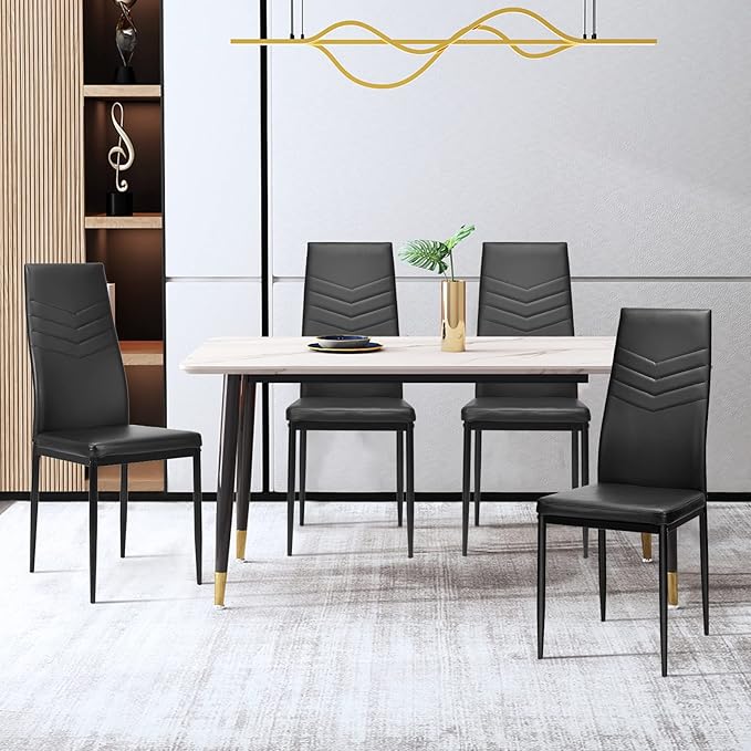 ERGOMASTER Dining Chairs Set of 4 Black PVC Dining Room Modern Soft Leather Padded Living Room Side Chairs with Sturdy Metal Legs & Non-Slip Feet Pads
