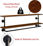 Clothes Rack 60in, Wall Mounted Garment Rack with Real Walnut Wood Shelf, Heavy Duty Hanging Clothes Rack, Multi-Purpose Hanging Rod, Space-Saving Closet Storage (Walnut, 2T60IN)