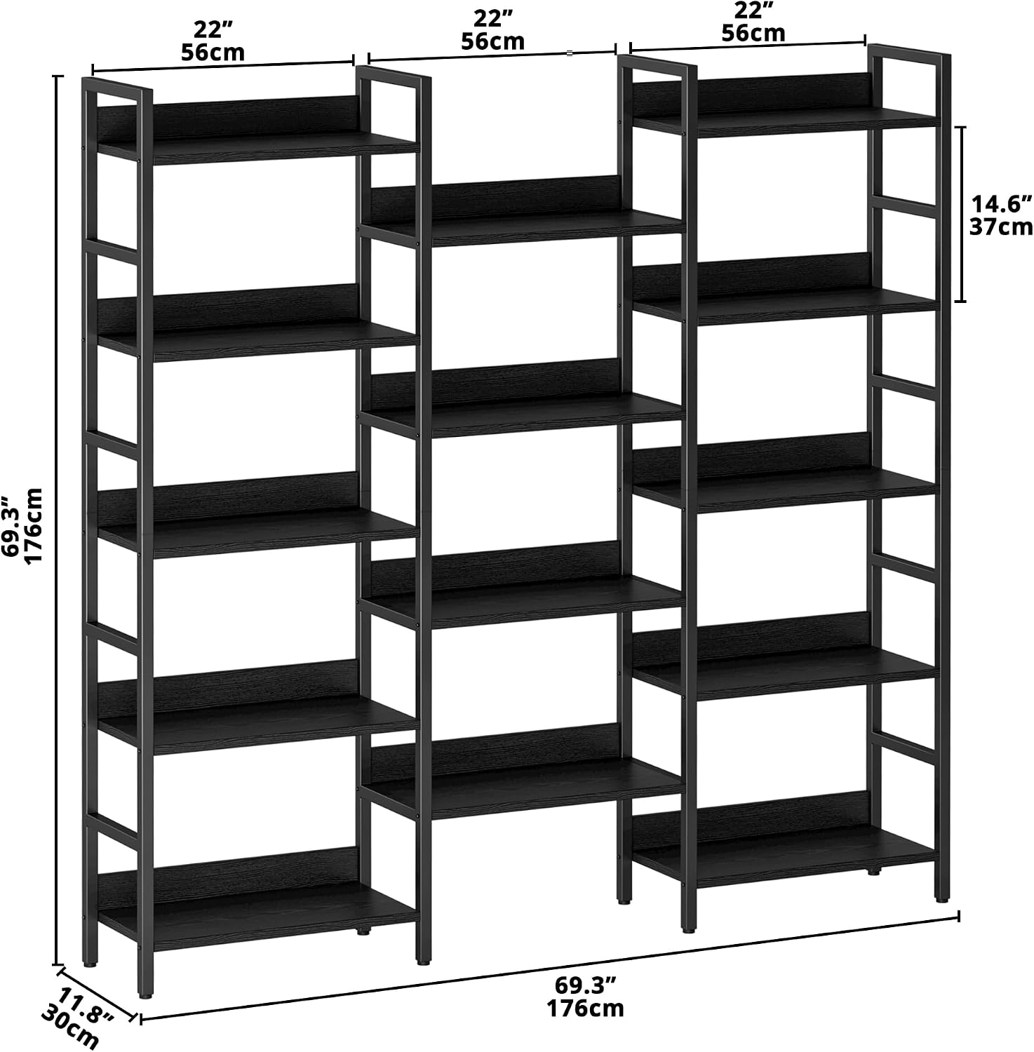 IRONCK Triple Wide 5-Tier Bookshelf with Metal Frame, Vintage Black | Back Panels Prevent Items from Falling, Sturdy Metal Frame Construction, Suitable for Living Room, Home Office