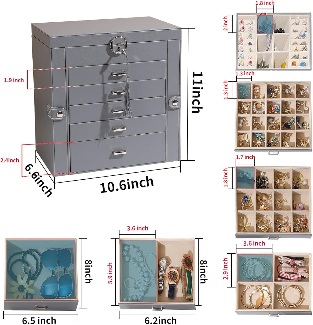 BOOVO Jewelry Box For women, 6 Layer Large Jewelry Organizer With Mirror, Multi-Function Storage Box With Lock, Accessory Holder With 5 Drawers, For Earrings Necklace Ring Bracelet (Gray)