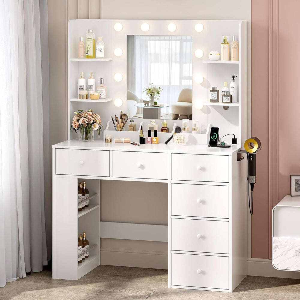 VINGLI Vanity Desk with Mirror and Lights, Makeup Vanity Table w/ 6 Storage D...