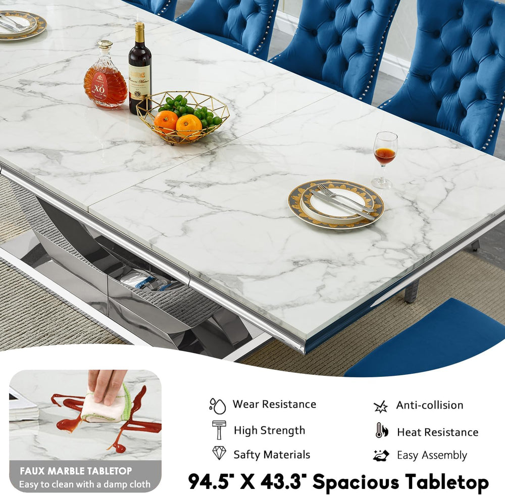 94.5" Large Dining Table for 10-12 People, Modern White Rectangle Kitche...