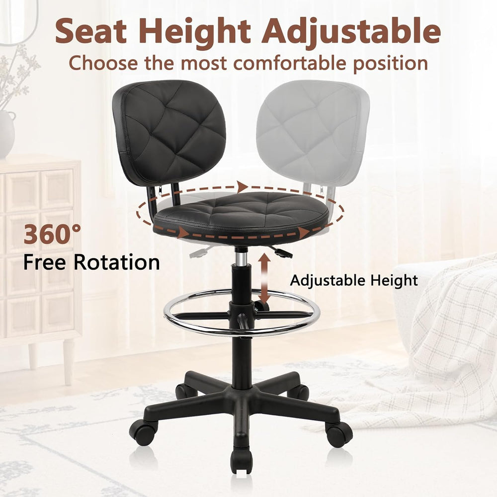 KLASIKA PU Leather Rolling Stools with Foot Rest and Back Support, Adjustable...