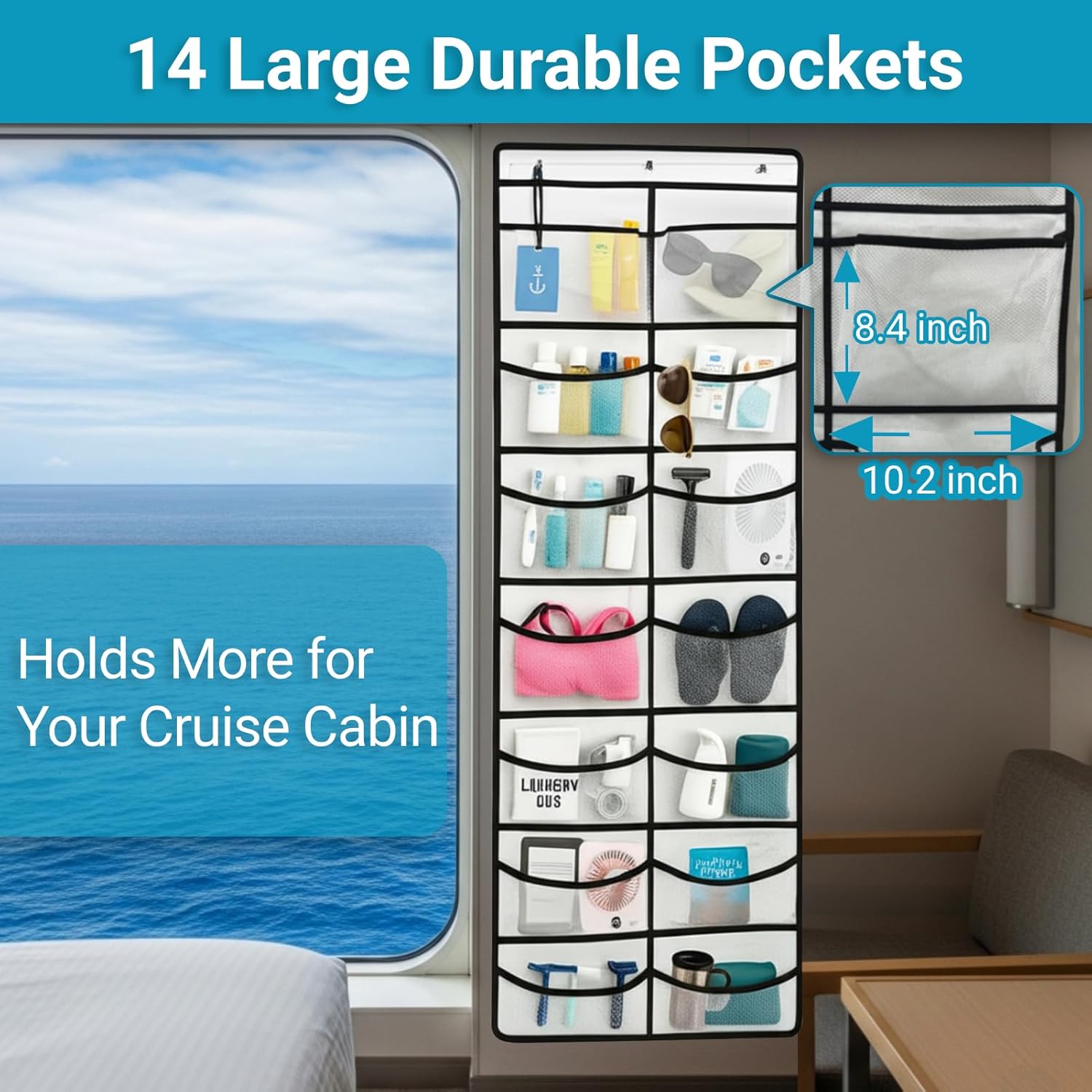 Magnetic Cruise Organizer, 14 Large Durable Pockets Over The Door Organizer For Cruise Ships, Magnetic & Hanging Cruise Organizer, Cruise Essentials 2026 （ 67" x 21.6"）