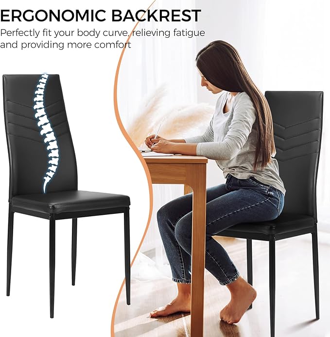 ERGOMASTER Dining Chairs Set of 4 Black PVC Dining Room Modern Soft Leather Padded Living Room Side Chairs with Sturdy Metal Legs & Non-Slip Feet Pads
