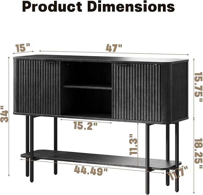 Fluted Console Table with Storage, 47" Long Entryway Table with with 2 Door Cabinets and Open Storage Shelf, Wood Sofa Table Behind Couch for Hallway Entrance Foyer Living Room, Black Grey