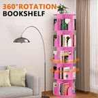 Nidouillet Rotating Bookshelf Tower, 5 Tier Spinning Bookcase Lazy Susan, Revolving 360 Book Shelf Storage Round Organizer, Vertical Rotate Turning Corner Book Case for Small Space, Pink