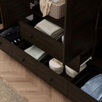 Almirah for Clothes, Tall Brown Bedroom Storage Wardrobe Closet Cabinet with Louvered Doors and Shelves, Large Wide Standing Wardrobe Clothes Closet with Hanging Rod and Drawers for Bedroom