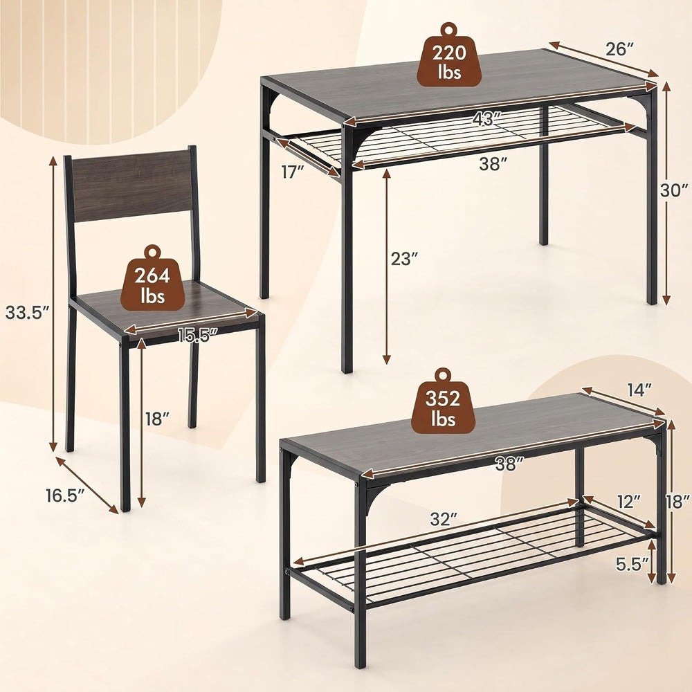 COSTWAY Dining Table Set for 4 with Bench & 2 Chairs, Storage Racks, Grey