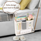 Bedside Caddy Bedside Storage Organizer Bedside Organizer with Power Strip Holder and 2 Adjustable Straps for Home Bunk Bed College Dorm Sofa (White)