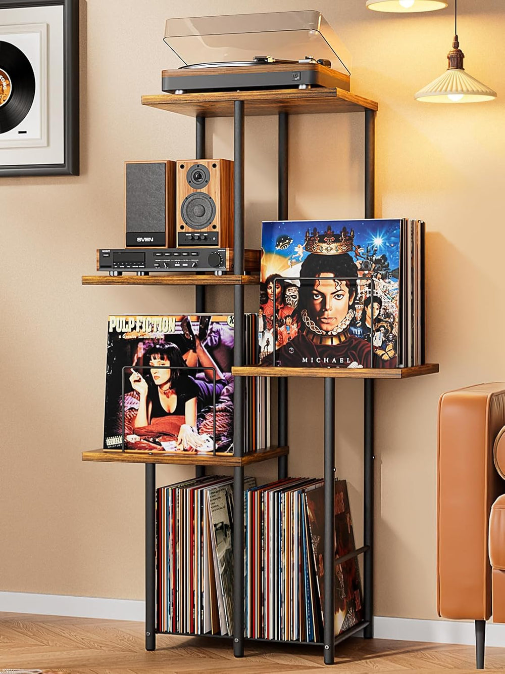 Record Player Stand, Vinyl Record Storage Holder with Display Shelf, Turntabl...