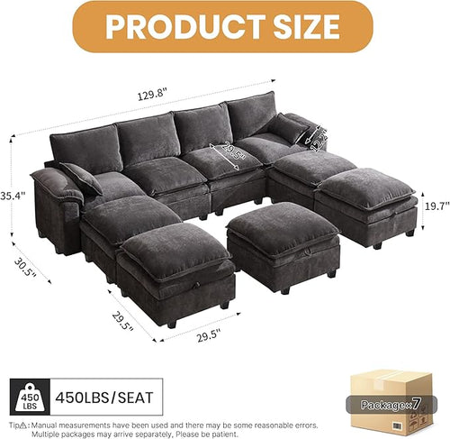 130" U Shaped Modular Sectional Sofa, Couch with Ottoman Storage, Chenille Cloud Couch with Plush Deep Seating for Living Room, Bedroom (Grey, 9 Seat)