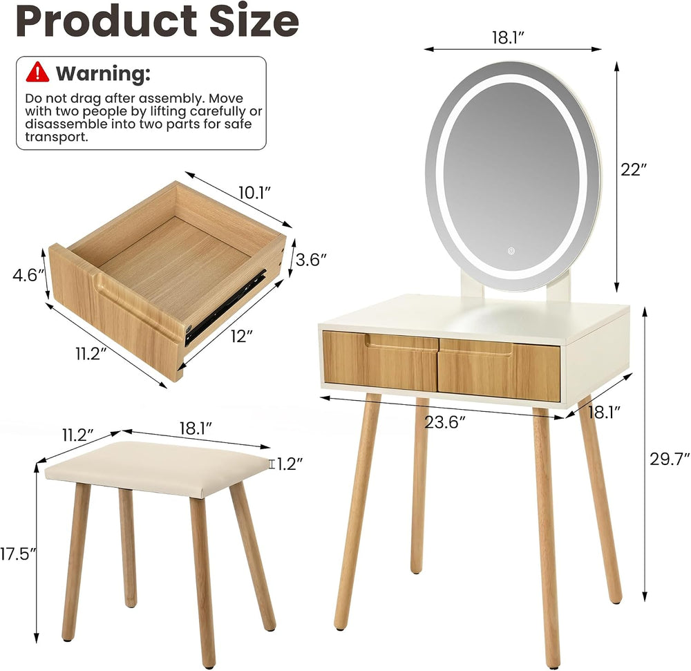 Small Vanity Desk with Mirror and Lights, Wooden Handles with Cushioned Stool...