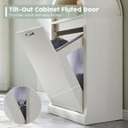 Arched Tilt-Out Trash Can Cabinet, Fluted 10 Gallon Trash Can with Open Shelf, Modern Laundry Hamper Cabinet, Hidden Garbage Can with Storage Basket for Kitchen, Living Room, White