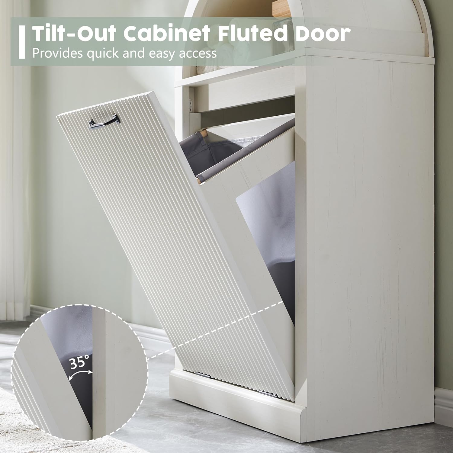 Arched Tilt-Out Trash Can Cabinet, Fluted 10 Gallon Trash Can with Open Shelf, Modern Laundry Hamper Cabinet, Hidden Garbage Can with Storage Basket for Kitchen, Living Room, White
