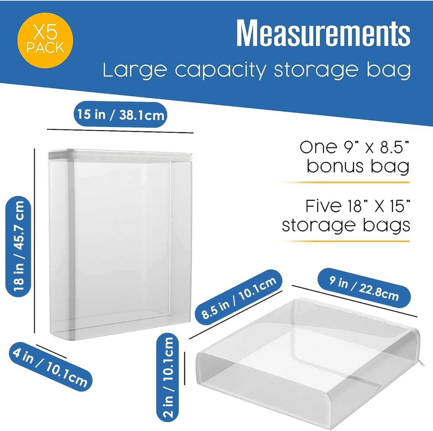 Houseables Sweater Bags Moth Proof, Clothing Storage Bags, with Zipper, Sweater Storage, Clear Zippered Organizers, Clothes, Blanket, Linen, Bedding, Quilt, Vinyl Plastic Protectors, 18x15x4”, 5 Pack.