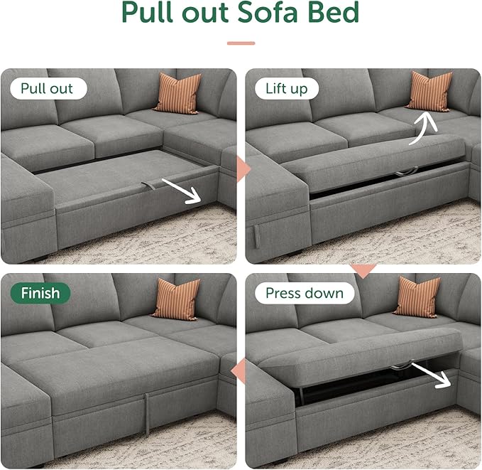 HONBAY Modular Sectional Sleeper Sofa with Pull Out Bed, Chenille Sectional Couch with Storage Seats Ottoman, U Shaped Couches for Living Room, Warm Grey