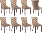 Modern Dining Chairs Set of 8, Tufted Upholstered Dining Chair with Solid Wood Legs, Camel Velvet Accent Chair, Sillas de Comedor, Kitchen & Dining Room Chairs (Khaki, Velvet, 8Pcs)
