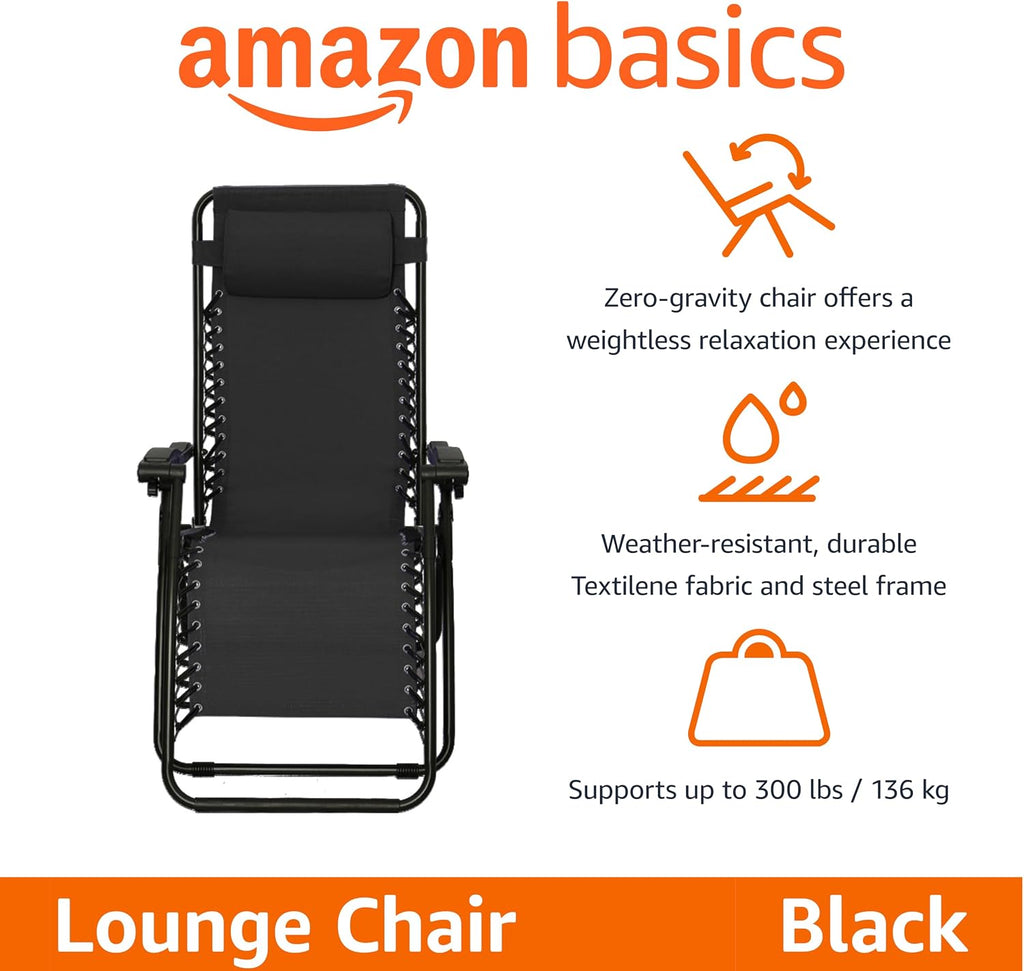 Amazon Basics Zero Gravity Lounge Chair with Pillow, Foldable Outdoor Reclining Chair for Patio and Beach, Weather-Resistant Textilene, 300 lb Capacity, 26", Black