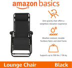 Amazon Basics Zero Gravity Lounge Chair with Pillow, Foldable Outdoor Reclining Chair for Patio and Beach, Weather-Resistant Textilene, 300 lb Capacity, 26", Black