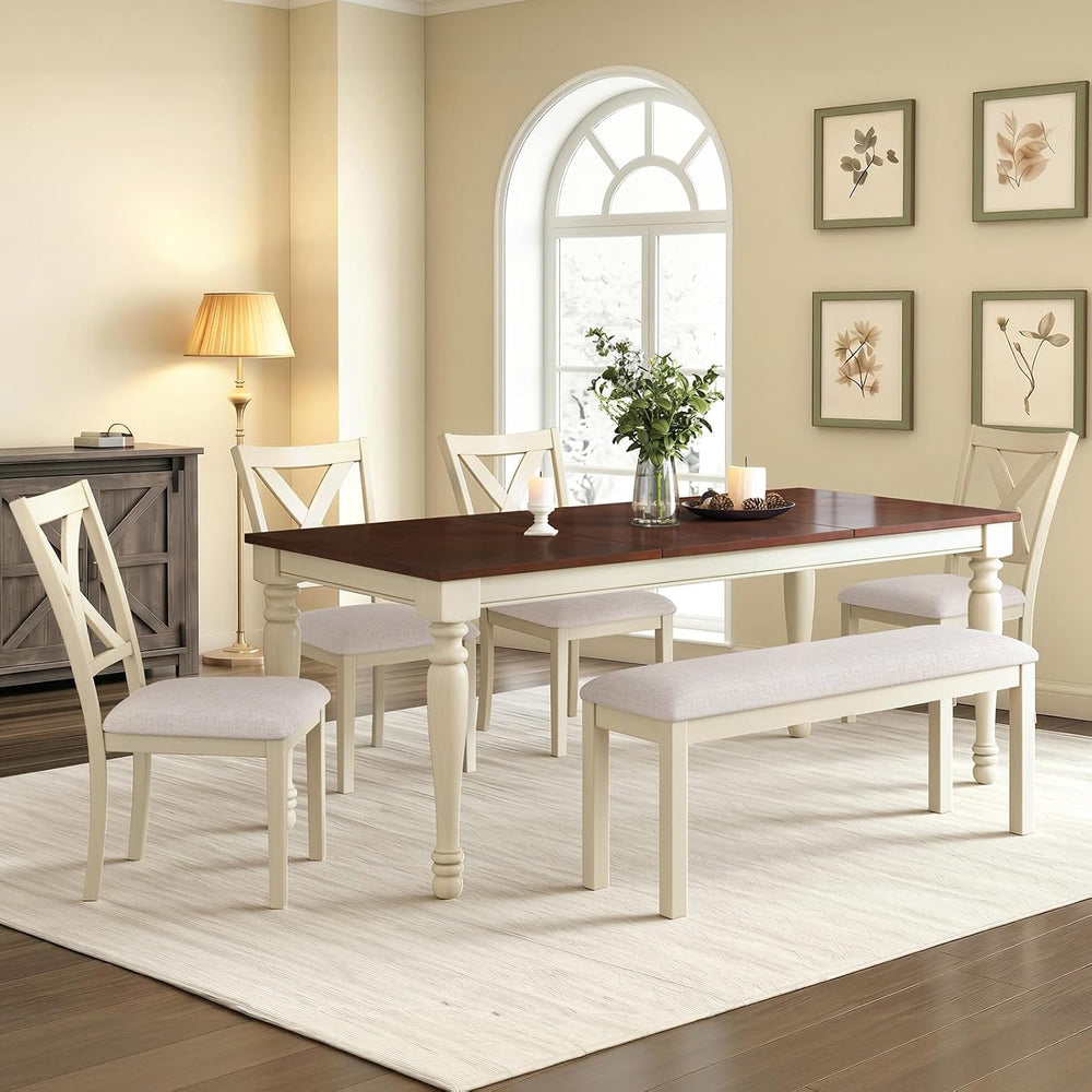 LUXOAK 6 Piece Solid Wood Dining Table Set with 71" Farmhouse Table