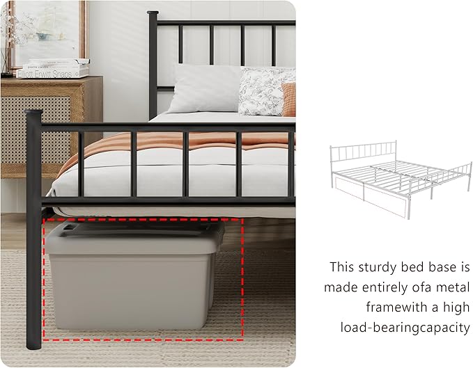 Metal Platform King Bed Frame with Headboard Sturdy Steel Slats Support No Box Spring Needed Easy Assembly Black
