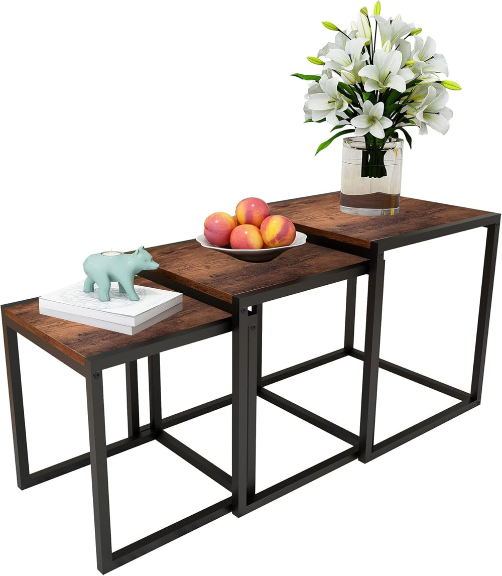 Nesting Coffee Table Set of 3, Stacking Metal Side Tables, Brown | Set of 3 N...