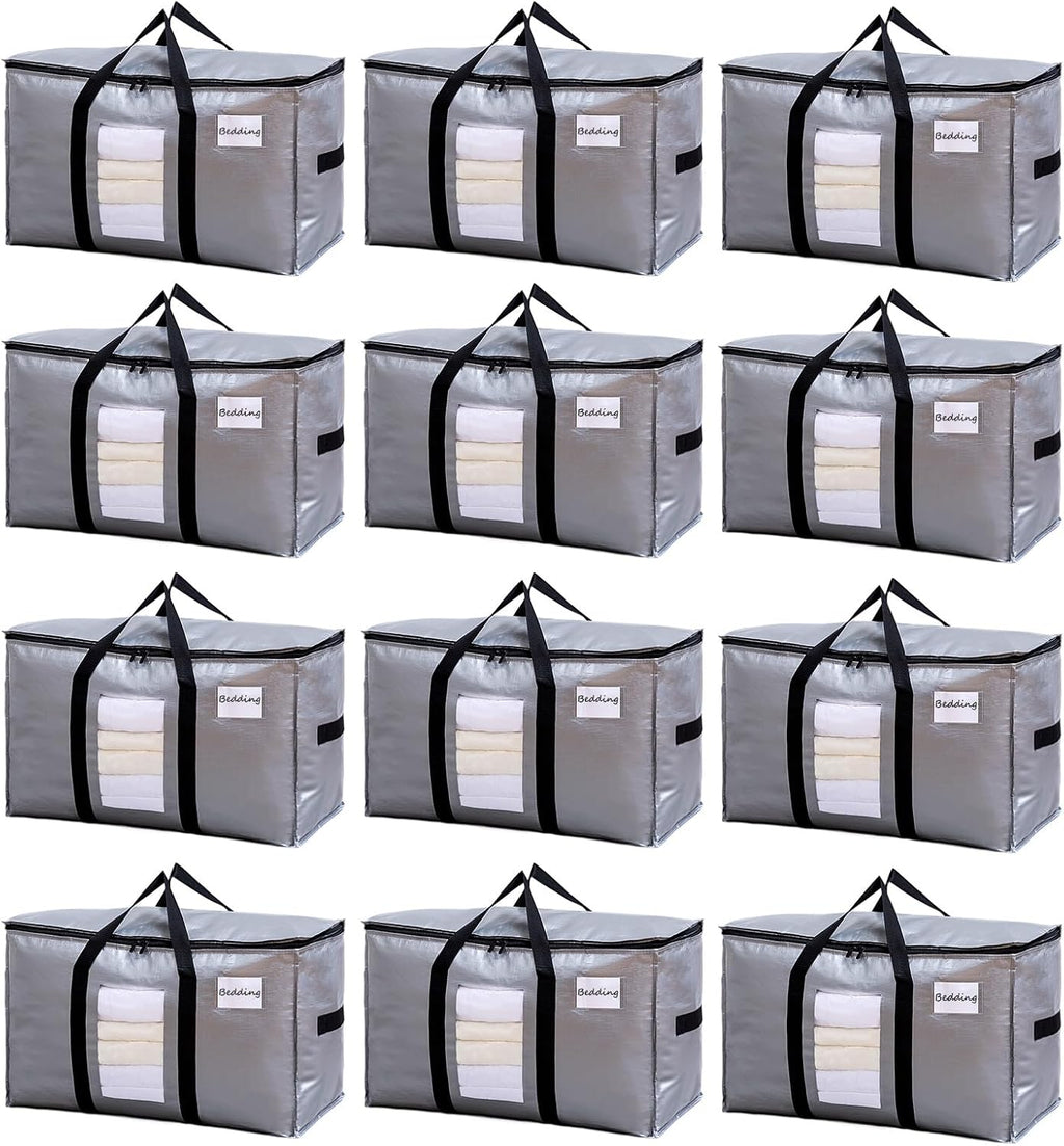 TAILI Extra Large Moving Bags, 12 Pack Silver Heavy Duty Totes for Storage with Visible Window, Wrap Around Handles, Storage Bags for Space Saving, Alternative to Moving Boxes
