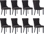Modern Dining Chairs Set of 8, Tufted Upholstered Dining Chairs with Solid Wood Legs, Black Linen Fabric Kitchen Chair, Sillas de Comedor, Comfy Kitchen Chair (Black, Linen, 8Pcs)
