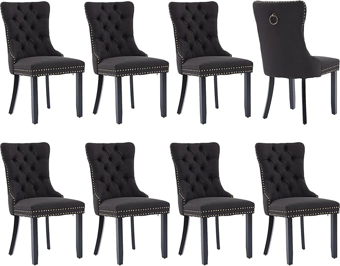 Modern Dining Chairs Set of 8, Tufted Upholstered Dining Chairs with Solid Wood Legs, Black Linen Fabric Kitchen Chair, Sillas de Comedor, Comfy Kitchen Chair (Black, Linen, 8Pcs)