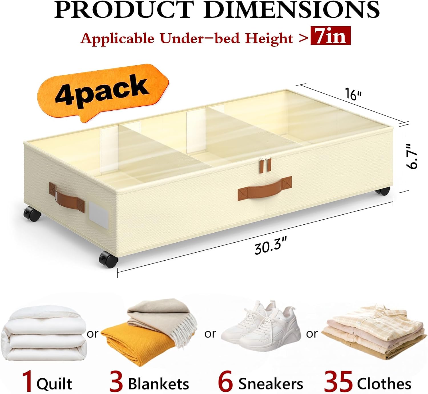 Yecaye Under Bed Storage with Wheels, 4 Pack Under Bed Storage Containers with Adjustable Dividers & Clear Window, Rolling Underbed Organizer Bins Drawers for Clothes, Shoes, Blankets, Beige