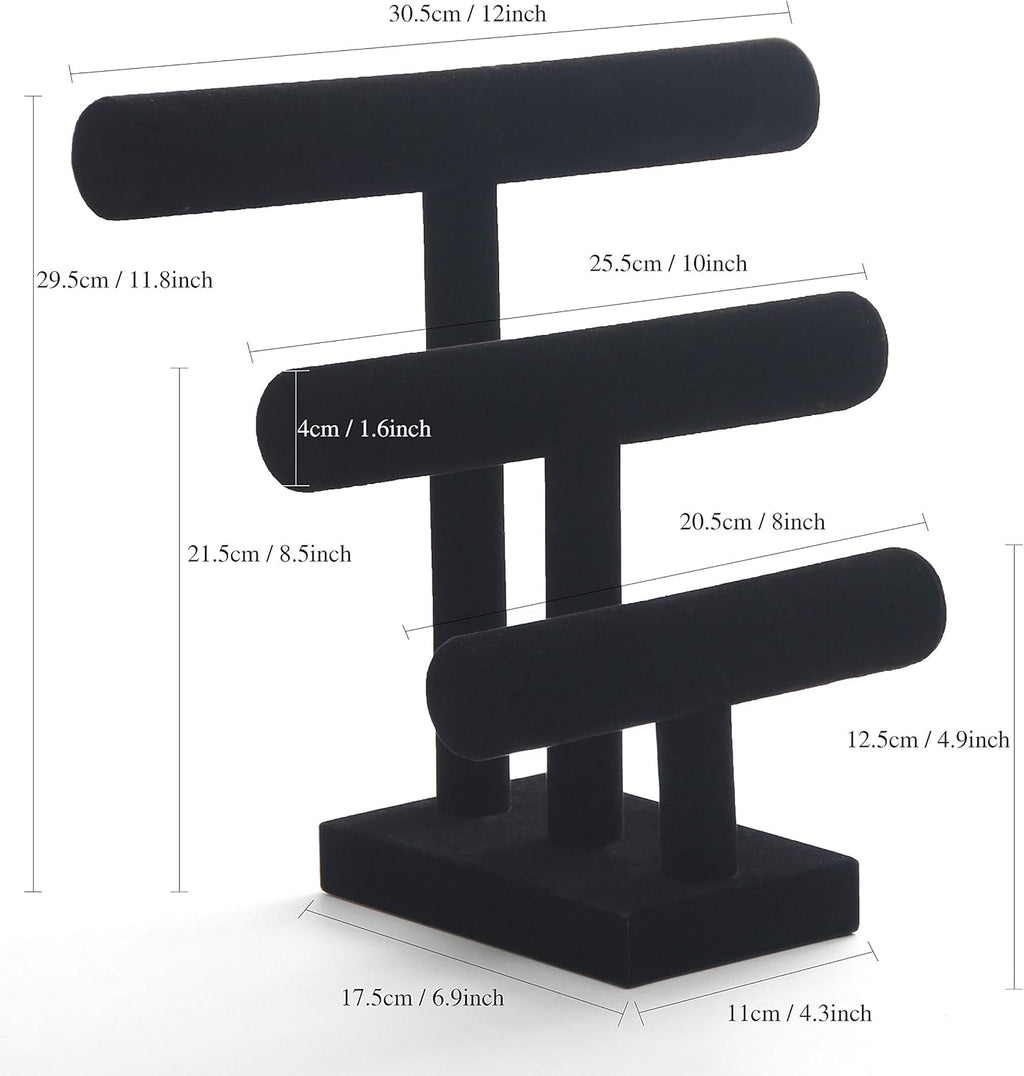 Wuligirl 3 Tier Bracelet Holder T-Bar Jewelry Stand Velvet Jewelry Holder Jewelry Display Bangle Organizer Storage Holder Velvet Black (3T Bar)