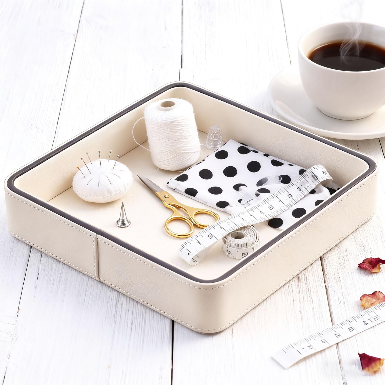 Faux Leather Square Vanity Tray 8x8x1.5 Inch, Decorative Makeup Jewelry Organizer for Dresser Bathroom Vanity Counter, Elegant Storage Tray for Perfume Skincare Cosmetics